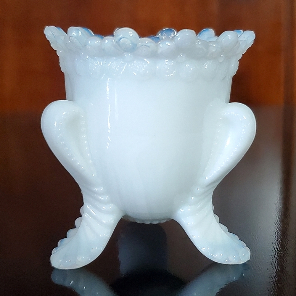 Vntg "Forget Me Not" Milky White Slag Glass Toothpick Holder by Degenhart